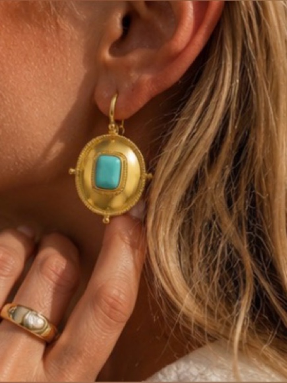 Elizabeth Locke Style Gold Turquoise Statement Earrings Luxury Resort Jewelry - Picture 6 of 6